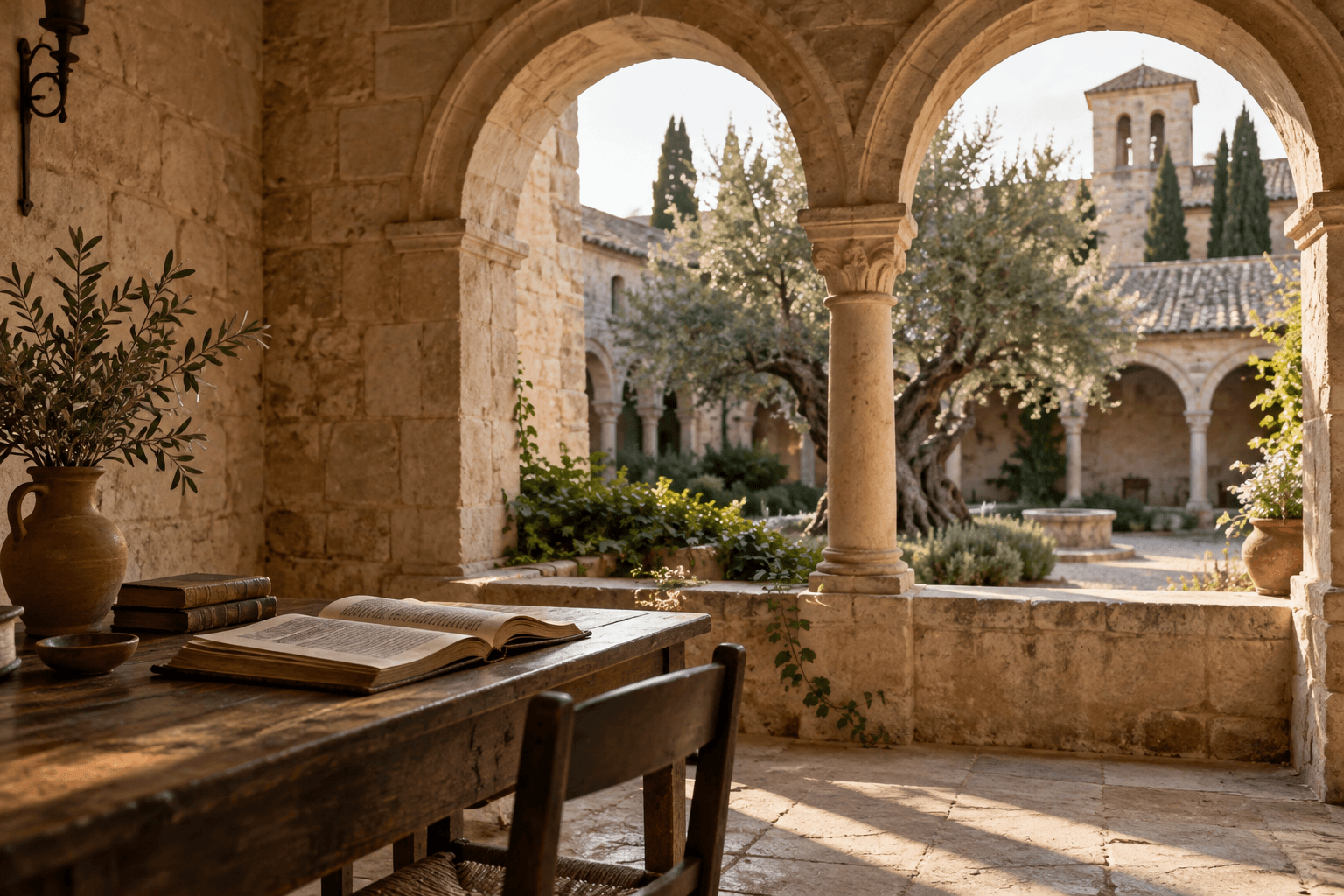 Un livre ouvert dans la lumière d’un cloître, au bord d’un jardin d’oliviers