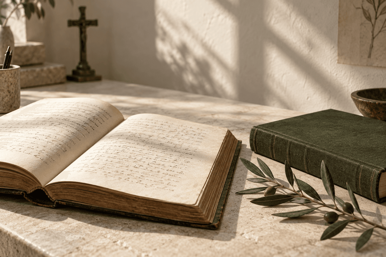 Livres d’étude et branche d’olivier sur une table de lecture