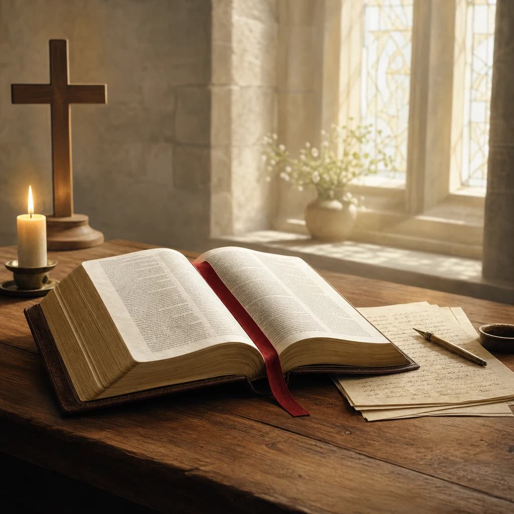 Bible ouverte sur une table de bois avec plume, bougie et fenêtre claire