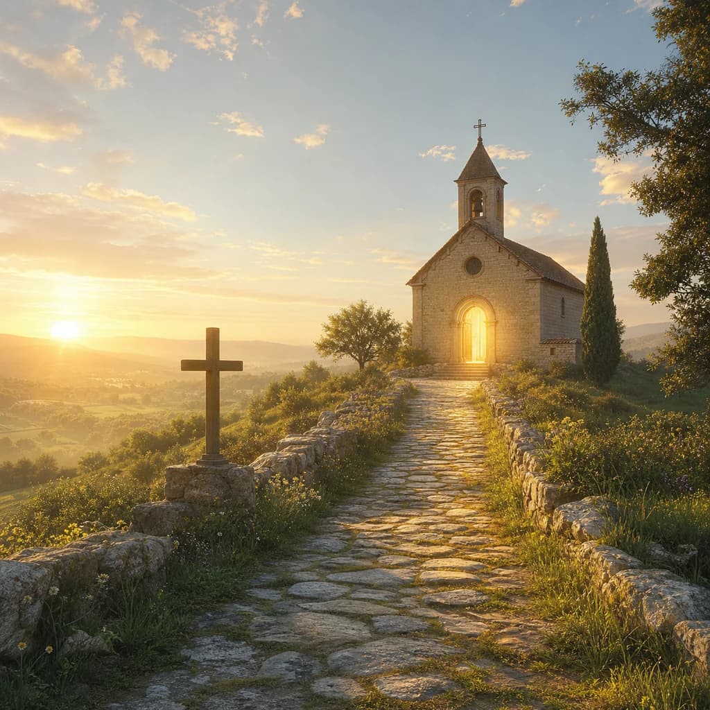 Chemin de pierre vers une eglise lumineuse au lever du soleil